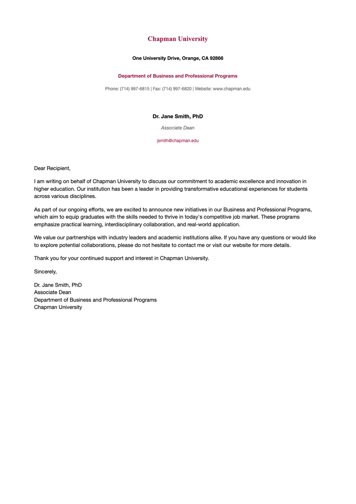 Chapman University official letterhead template with contact placeholders_variant_2